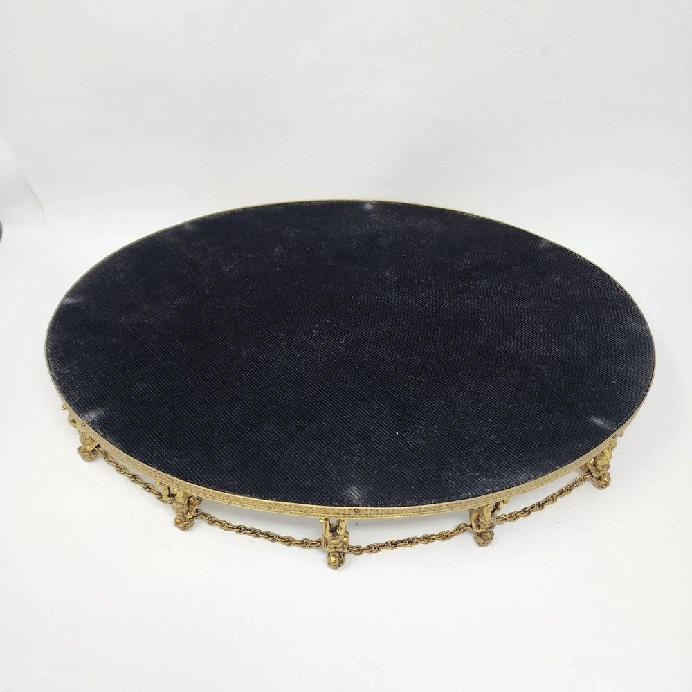 Vtg Globe 24K Gold Plated 12-Cherub Mirrored Vanity Tray Oval Ornate Putti Chain